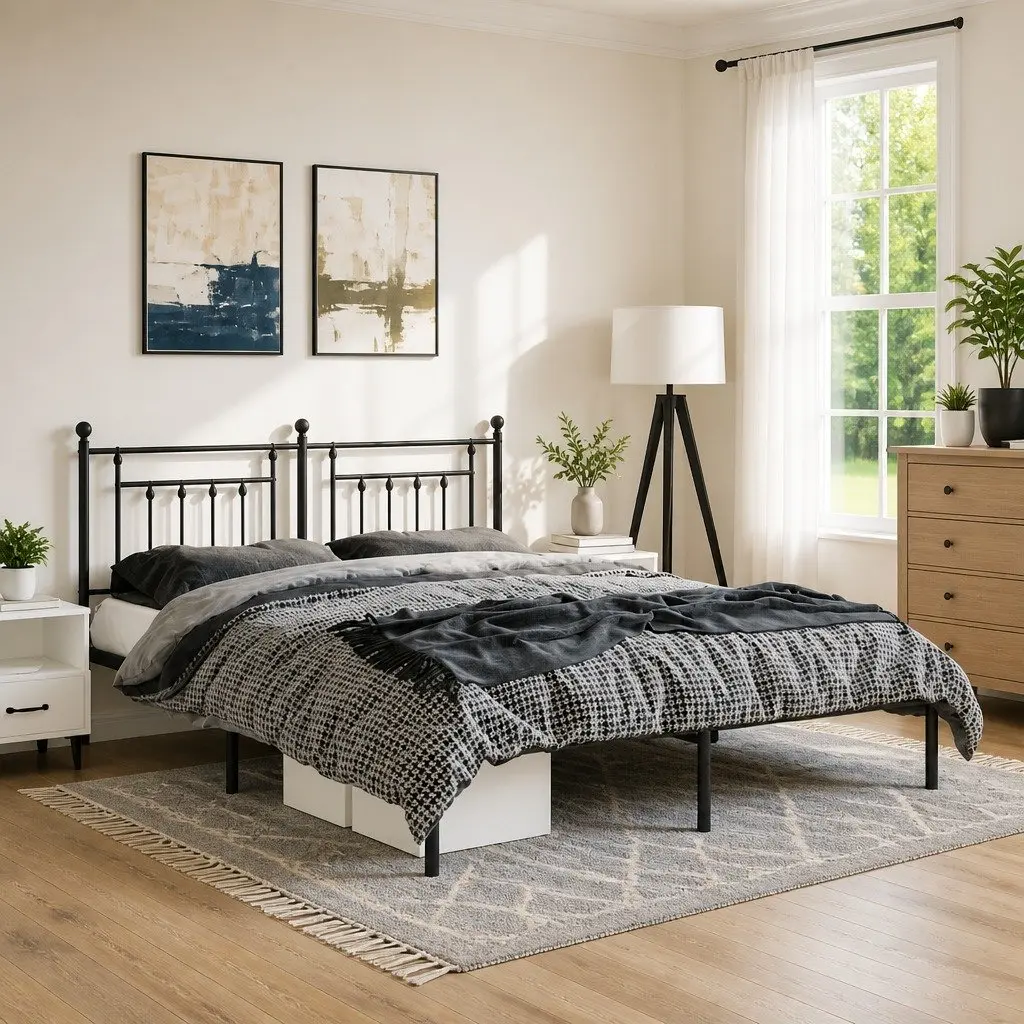 Black Metal Bed Frame 135x190 cm with Headboard