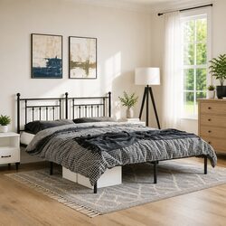 Stylish Black Metal Bed Frame 135x190 cm with Headboard