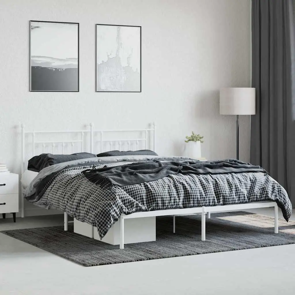 Metal Bed Frame White King Size with Headboard and Under-Bed Storage