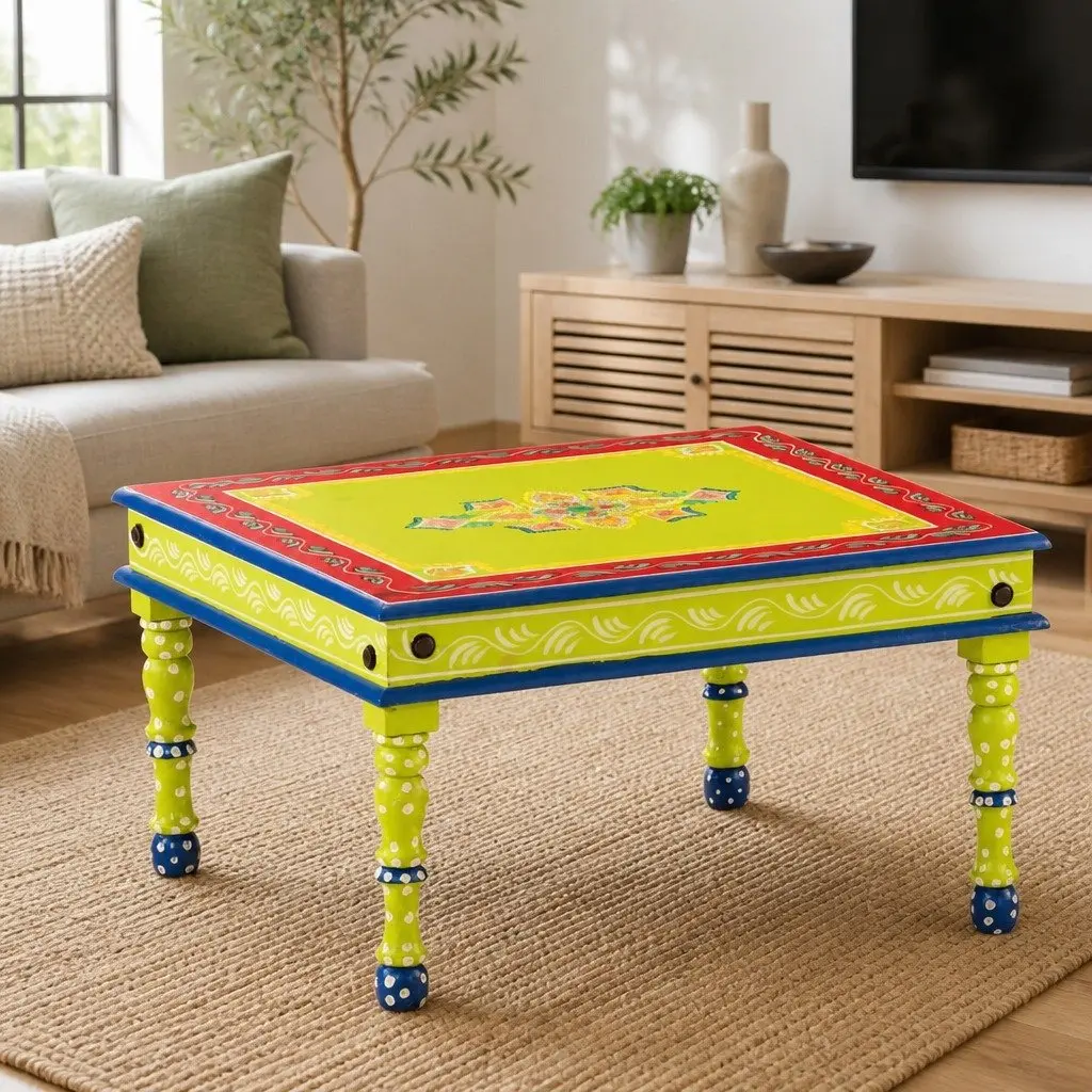 Coffee Table Green Solid Wood Hand-Painted Decorative