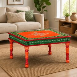 Coffee Table Orange Hand Painted Solid Wood Mango Living Room Accent Furniture