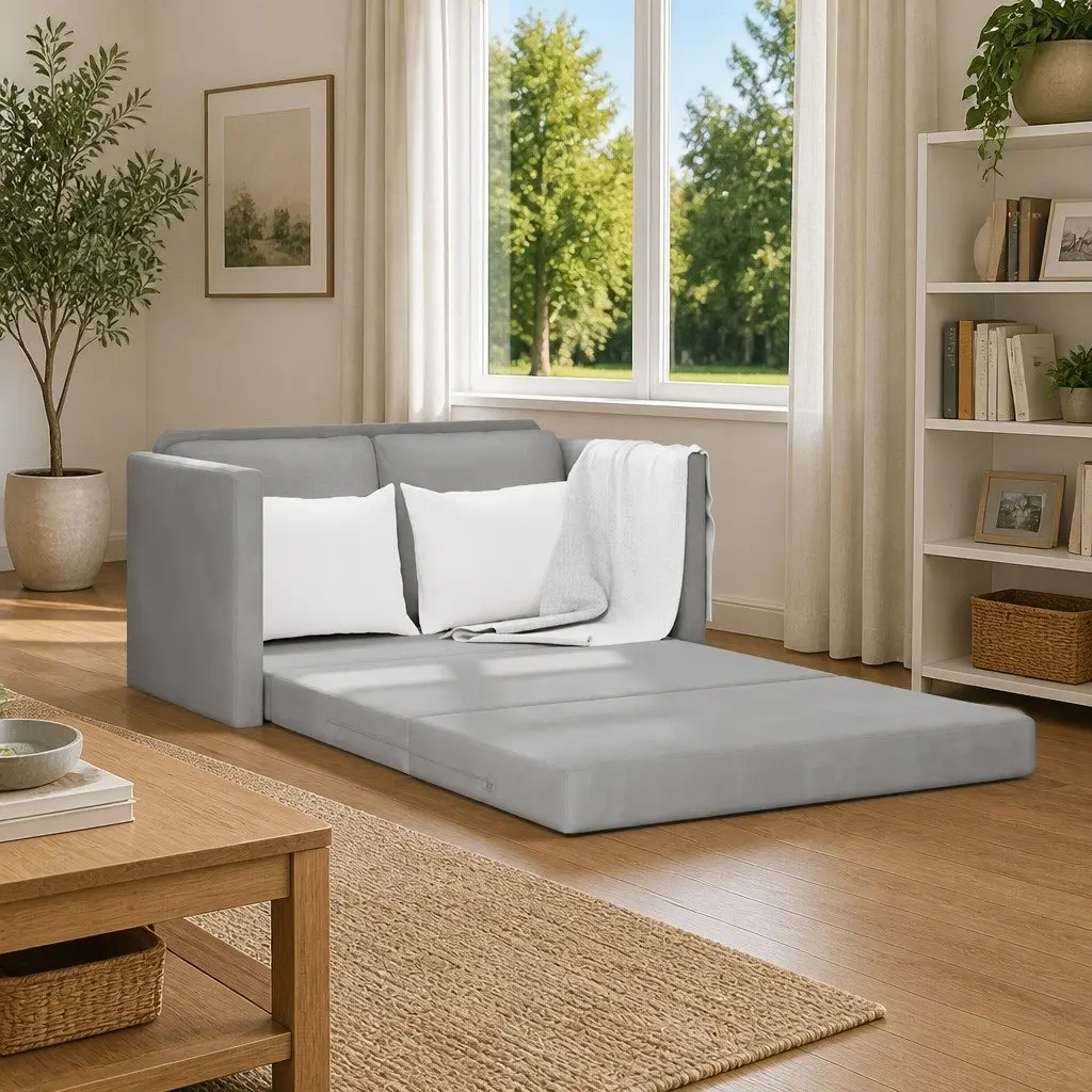 Floor Sofa Bed Grey Convertible 2-in-1 Loveseat Velvet Seat Thick Padding Metal Frame