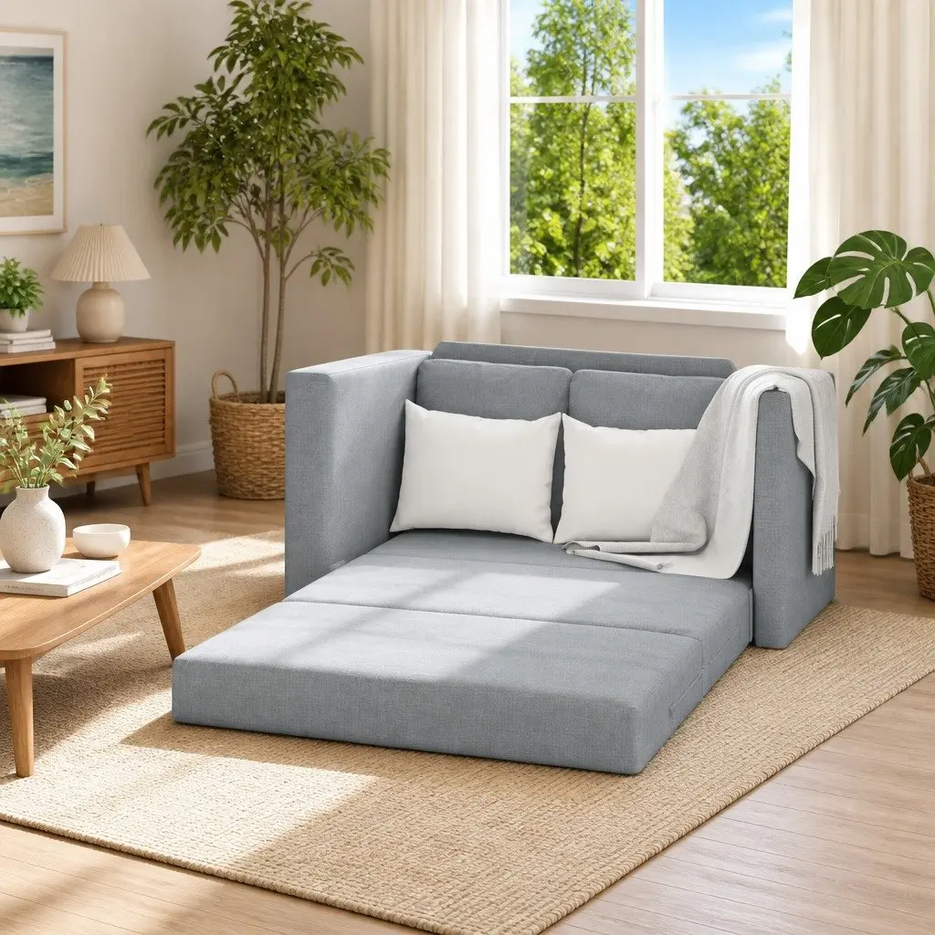 Floor Sofa Bed Grey 2-in-1 Convertible Loveseat Double Bed Fabric Folding