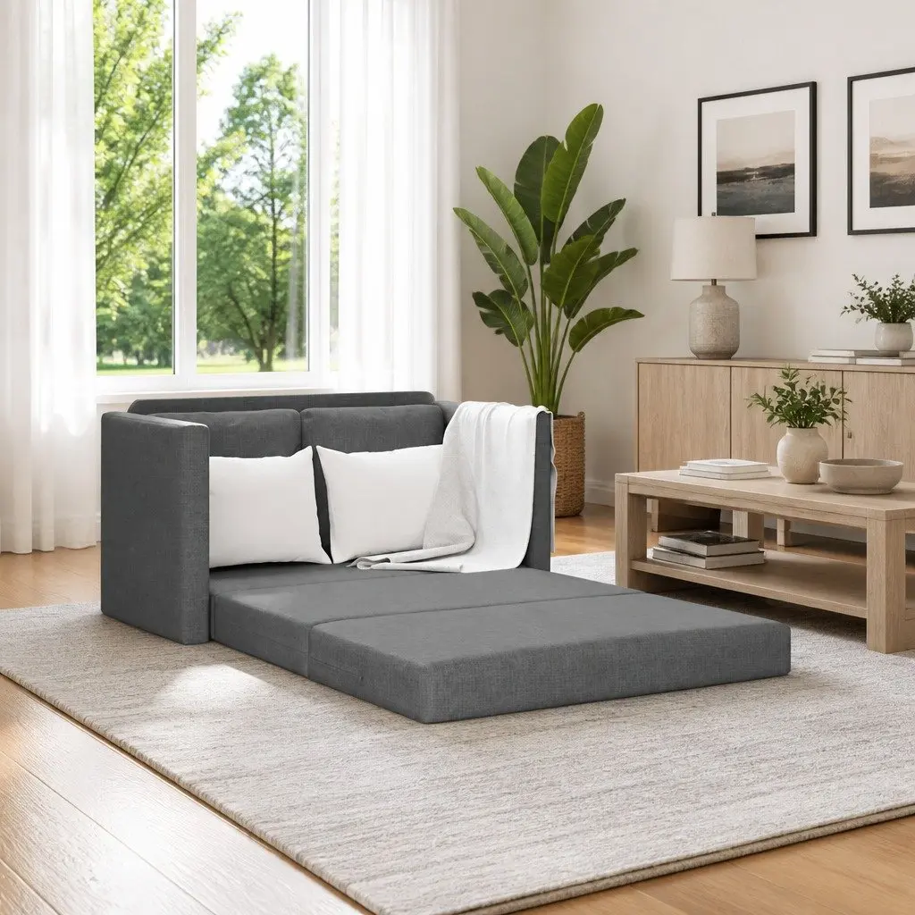 Floor Sofa Bed Dark Grey 2-in-1 Convertible Sleeper Loveseat Folding Guest Bed
