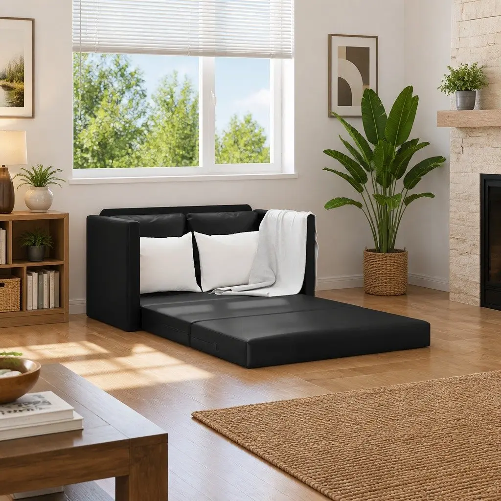 Floor Sofa Bed Black 2-in-1 Convertible Loveseat Double Bed Faux Leather