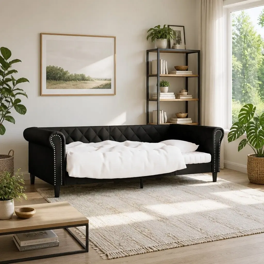 Day Bed Sofa Bed Black 90x190 cm Faux Leather Sleeper Couch
