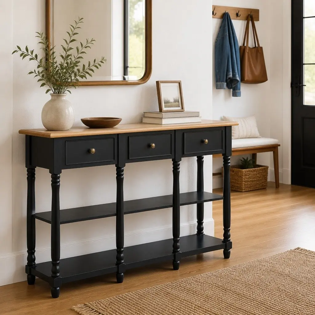 Black Console Table with 3 Drawers and 2 Shelves 110x30x76cm for Living Room Entryway or Hallway Storage