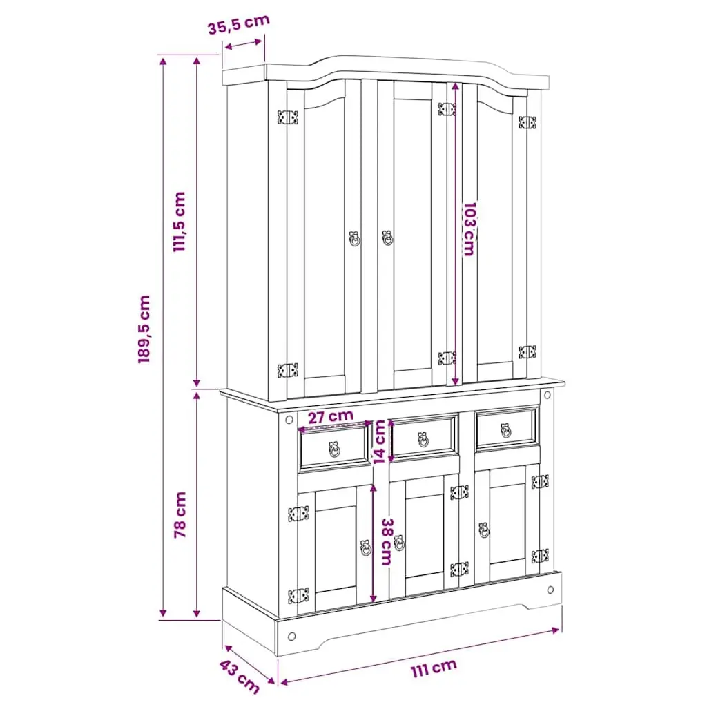 Solid Pine Wood Highboard Storage Cabinet Brown with Multiple Drawers Shelves and Doors 112x43x196cm