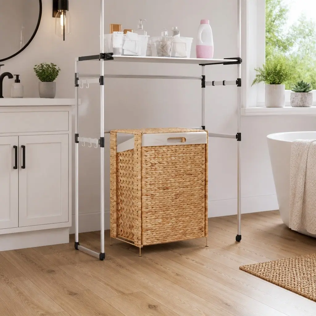 Laundry Basket Brown 44x34x64 cm Water Hyacinth Storage Hamper with Lid Handle