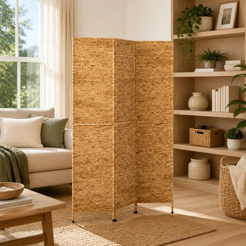 Room Divider Brown 3-Panel Folding Screen Woven Water Hyacinth Privacy Partition