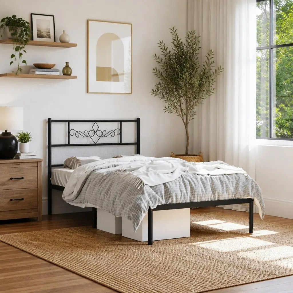 King Single Metal Bed Frame Black 107x203cm Steel Storage Headboard with Slats
