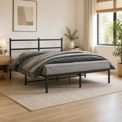 Metal Bed Frame 150x200 cm with Headboard Black Steel Slats Centre Legs