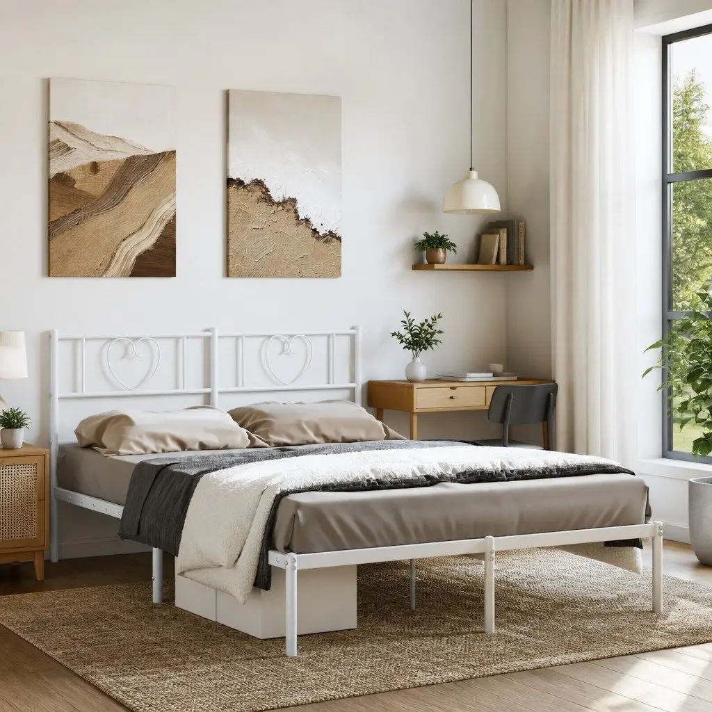 Metal Bed Frame White 150x200 cm Steel Slatted Headboard