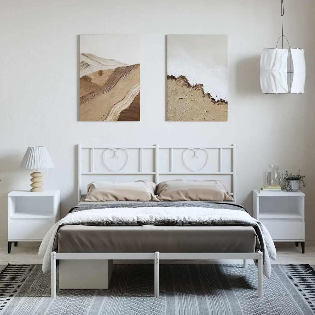Metal Bed Frame White 150x200 cm Steel Slatted Headboard