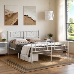 Metal Bed Frame 150x200 cm White Footboard Slatted Base Bedroom Furniture