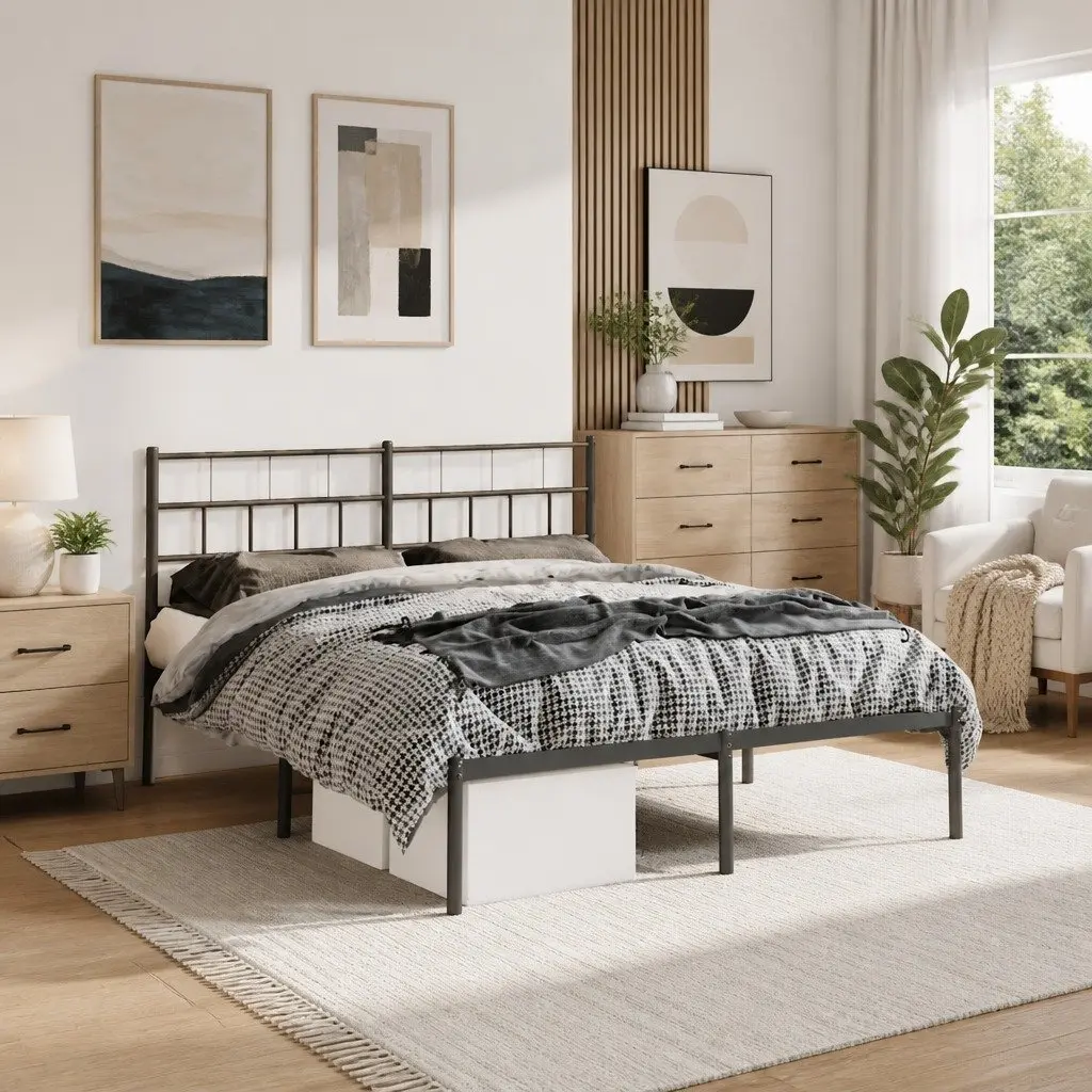 Black Metal Bed Frame 150x200cm with Centre Legs and Headboard for Mattress Support