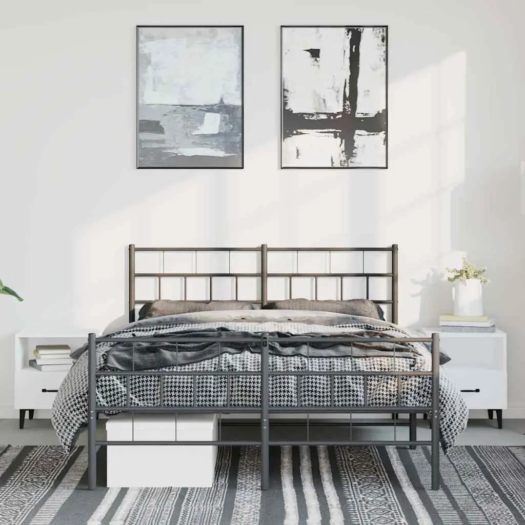 Metal Bed Frame Black 150x200 cm Sturdy Powder-coated Steel Slatted Base with Headboard and Footboard
