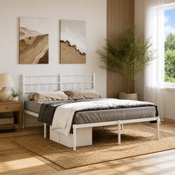 Metal Bed Frame 150x200 cm with Headboard White Bedroom Furniture Steel Slats