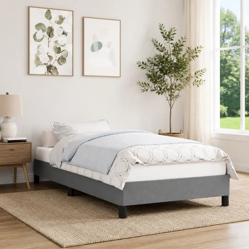 Grey Fabric Upholstered King Single Bed Frame Sturdy Supportive Legs Plywood Slats