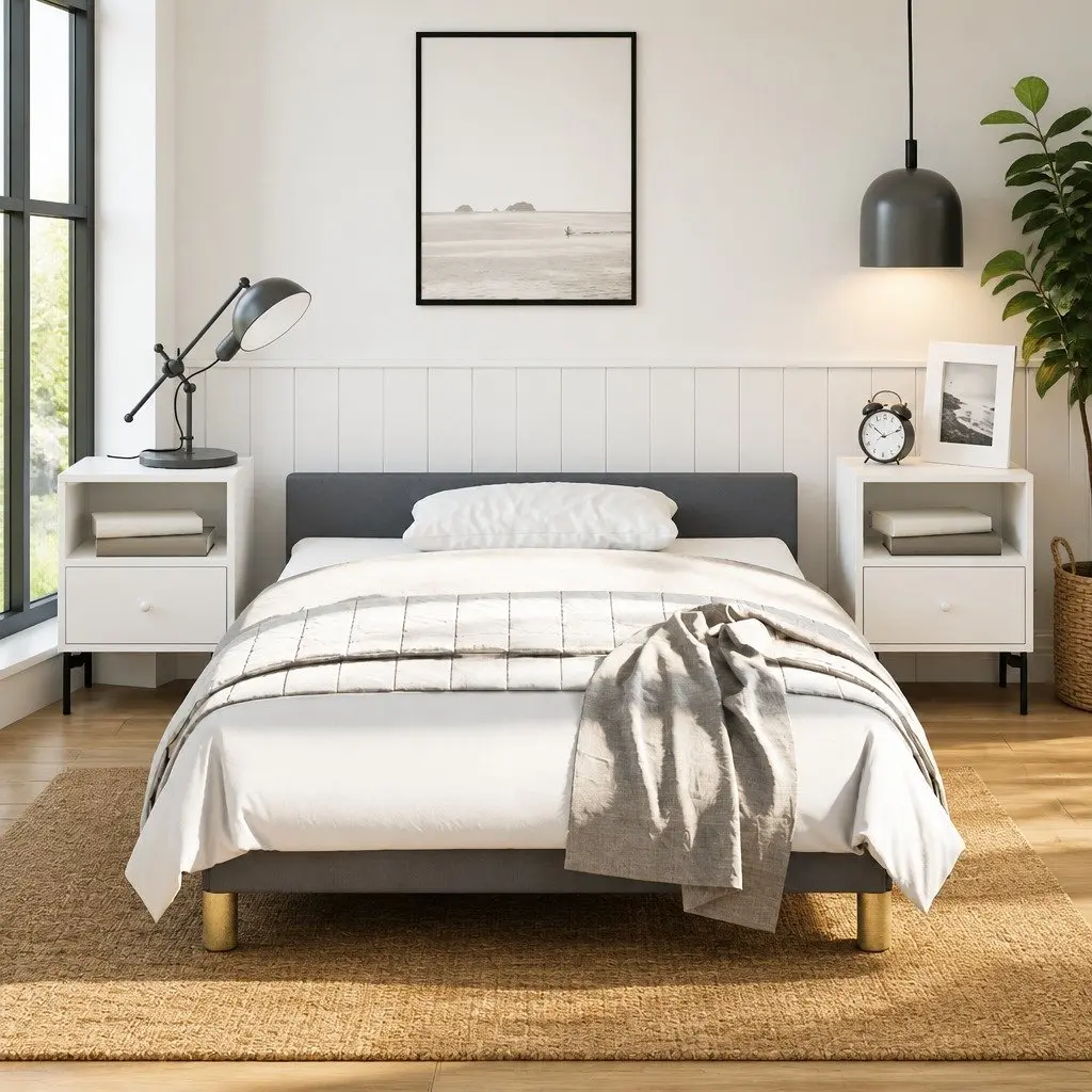 Bed Frame Grey King Single Size Fabric Upholstered Headboard Support