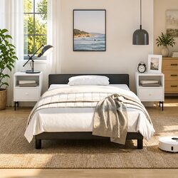 King Single Bed Frame Black Faux Leather Upholstered Platform Base Headboard