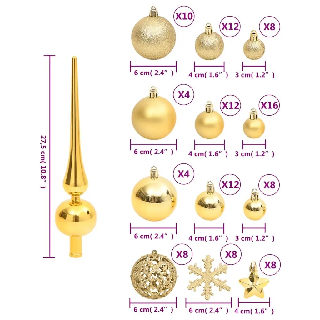 Gold Shatterproof Christmas Bauble Set 111 Pieces Multiple Sizes and Styles Suitable for Tree Garland Wreath and Home Displays