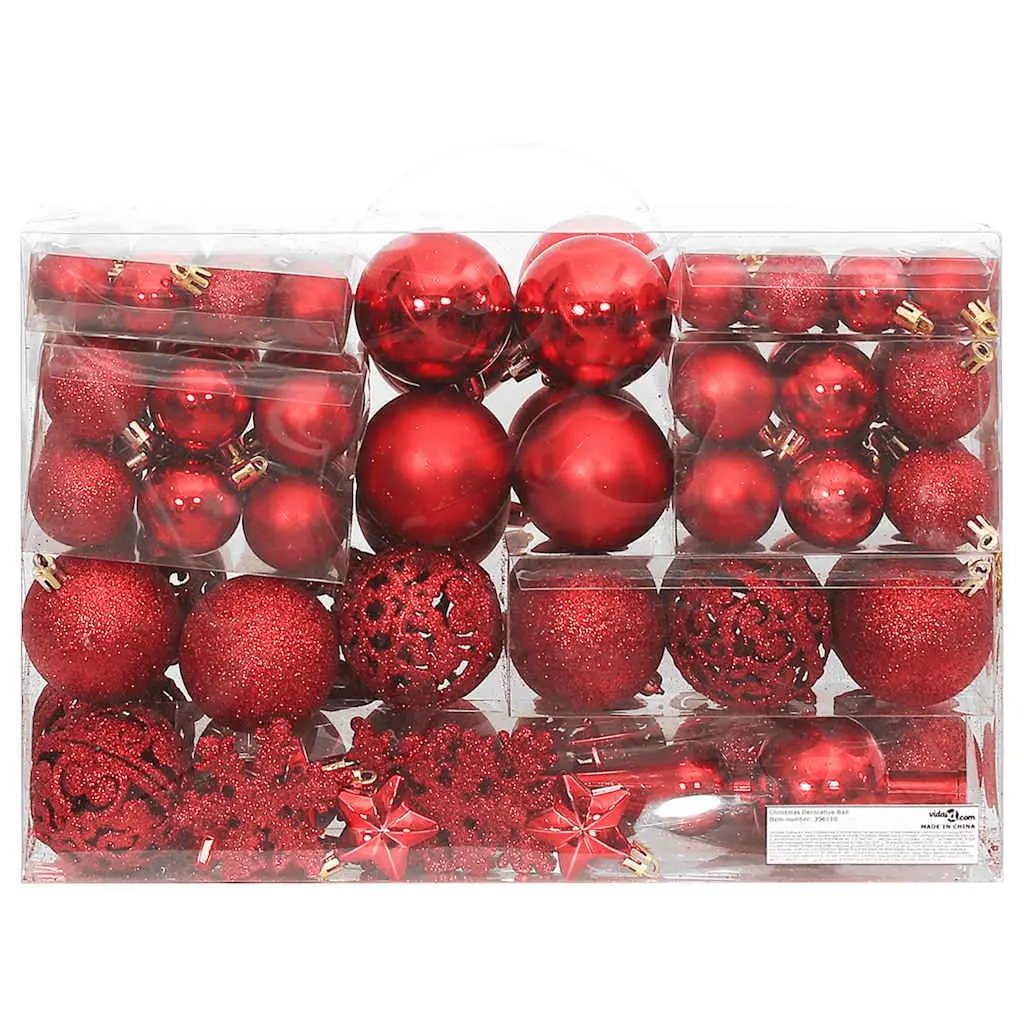 Christmas Bauble Set Red 111 Piece Polystyrene Shatterproof Ornaments Tree Decorations