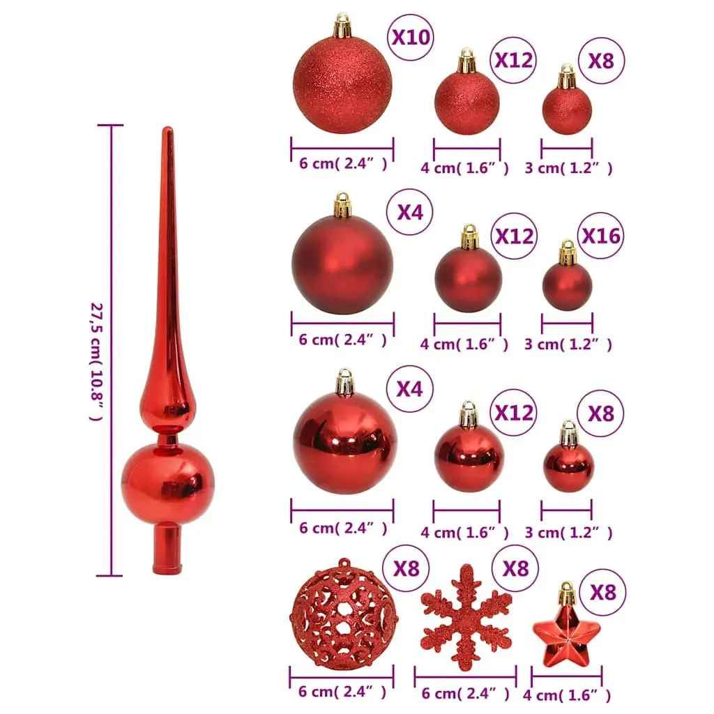 Christmas Bauble Set Red 111 Piece Polystyrene Shatterproof Ornaments Tree Decorations