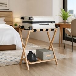 Compact Bamboo Luggage Stand with Storage Options