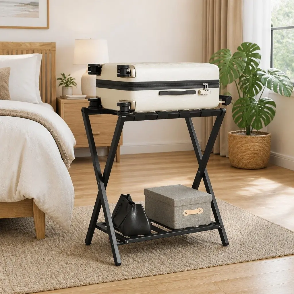 Luggage Rack Black Bamboo Foldable Two Shelf Storage Stand