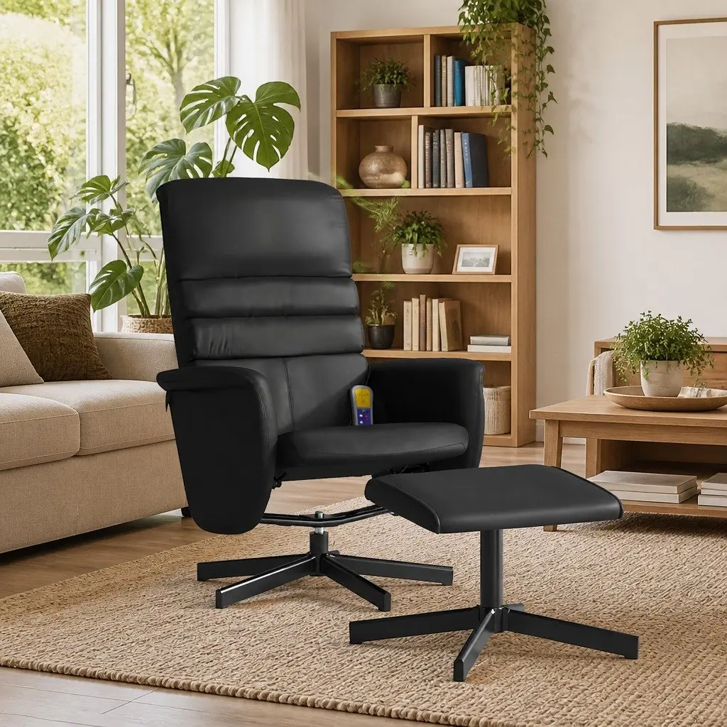 Massage Recliner Chair Black Faux Leather with Footstool 360 Degree Swivel 6 Vibration Massage Points Manual Reclining Backrest