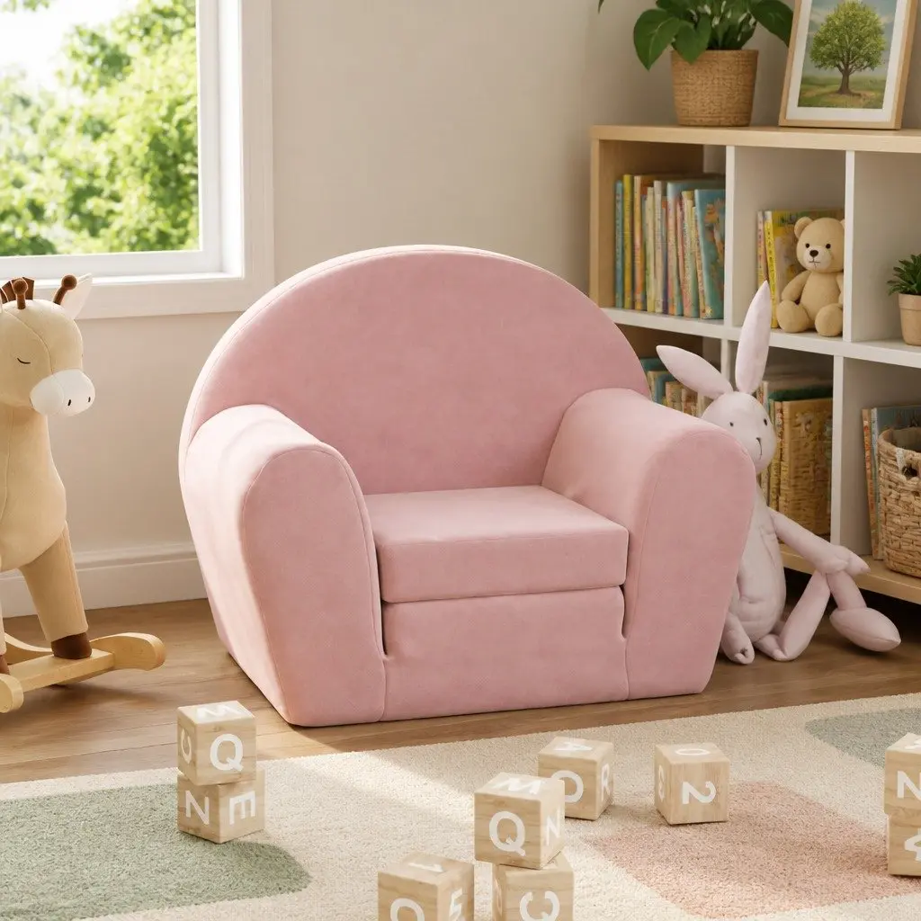 Kids Sofa Bed 2-in-1 Pink Soft Plush Folding Armchair Washable