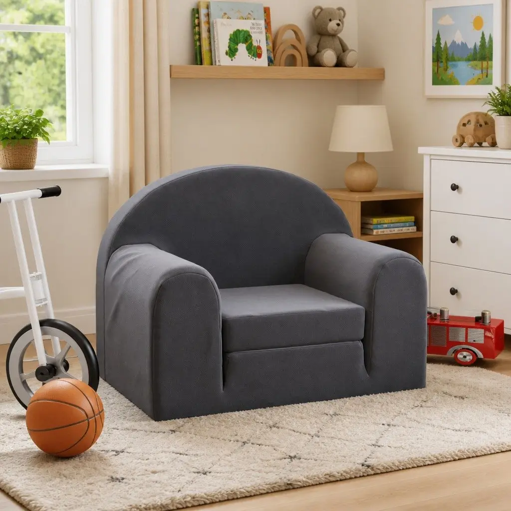 Kids Sofa Bed Anthracite 2-in-1 Convertible Soft Plush Fold Out