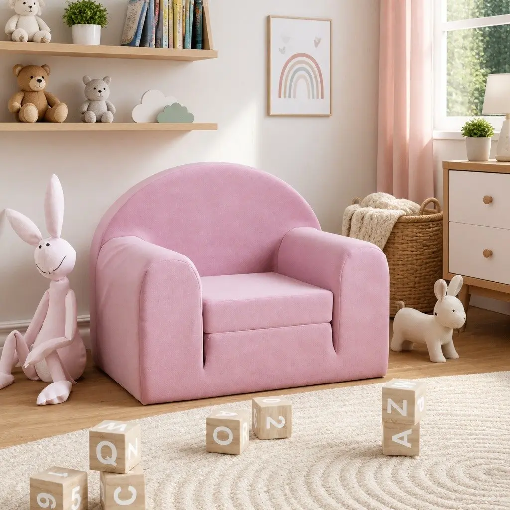 Kids' Sofa Bed Pink Soft Plush 2-in-1 Folding Armchair Mini Bed Play Nap
