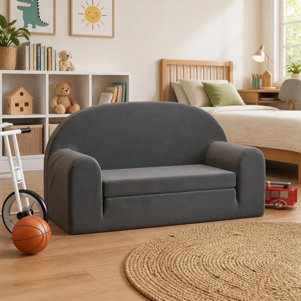 Kids Sofa Bed Anthracite 2-Seater Soft Plush Foldable Armchair