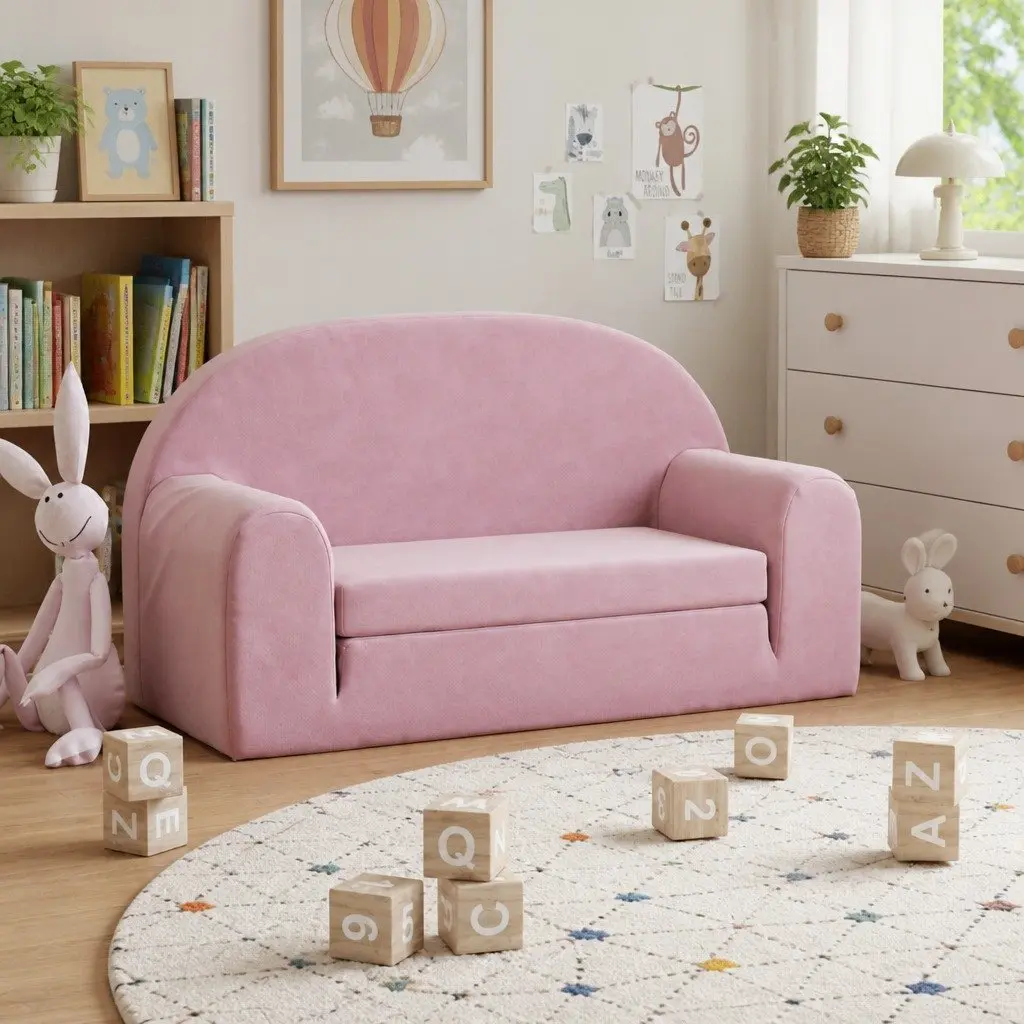 Kids Sofa Bed Pink 2-Seater Soft Plush Fold-Out Chair