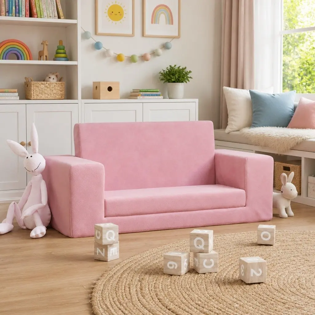 Kids' Sofa Bed 2-Seater Pink Soft Plush Folding Armchair Play Nap Lounge