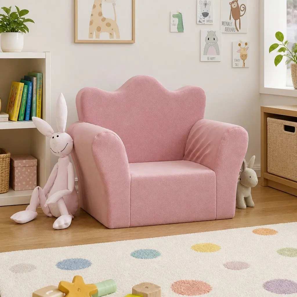 Kids Sofa Pink Soft Plush Removable Cover Toddler Couch Armrest Backrest