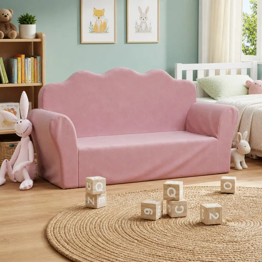 Kids' Sofa Pink 2-Seater Soft Plush Couch Removable Washable Cover