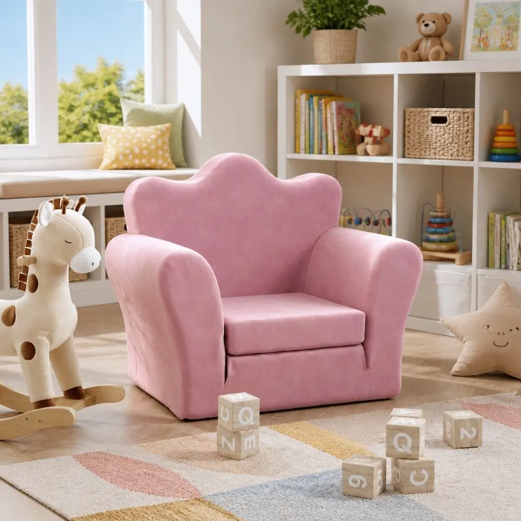 Kids Sofa Bed Pink Plush Folding 2-in-1 Armchair Toddler Furniture Soft Play Nap