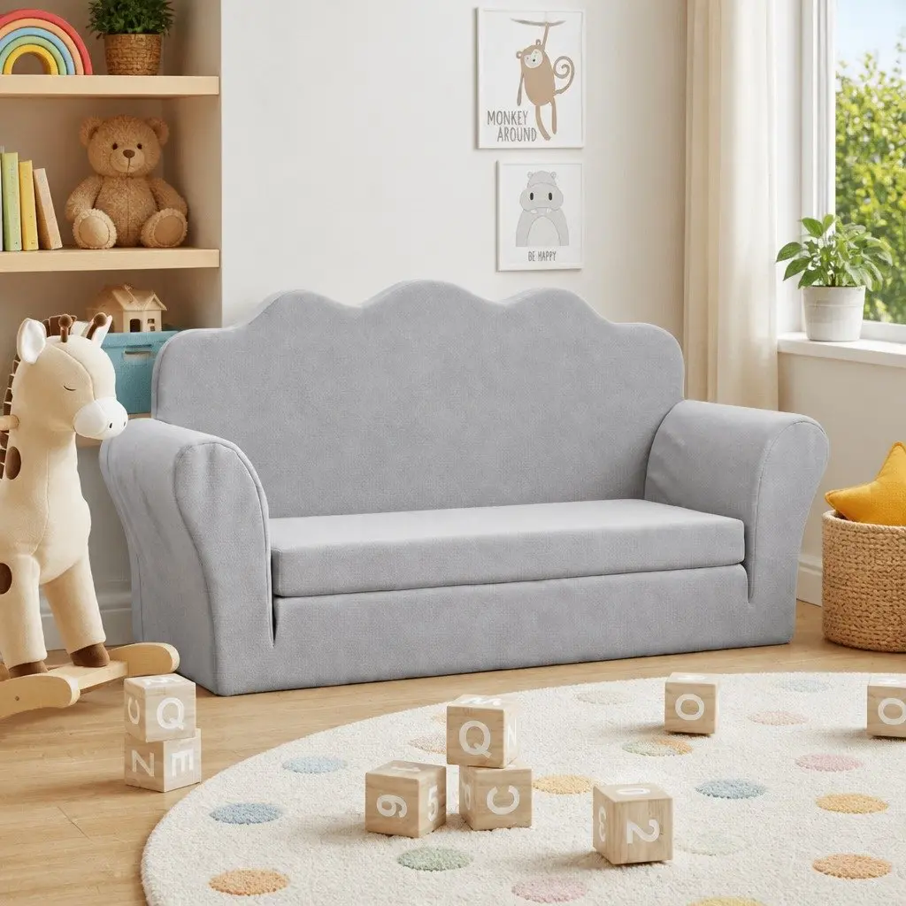 Kids Sofa Bed Light Grey 2-Seater Soft Plush Fold Out Armchair