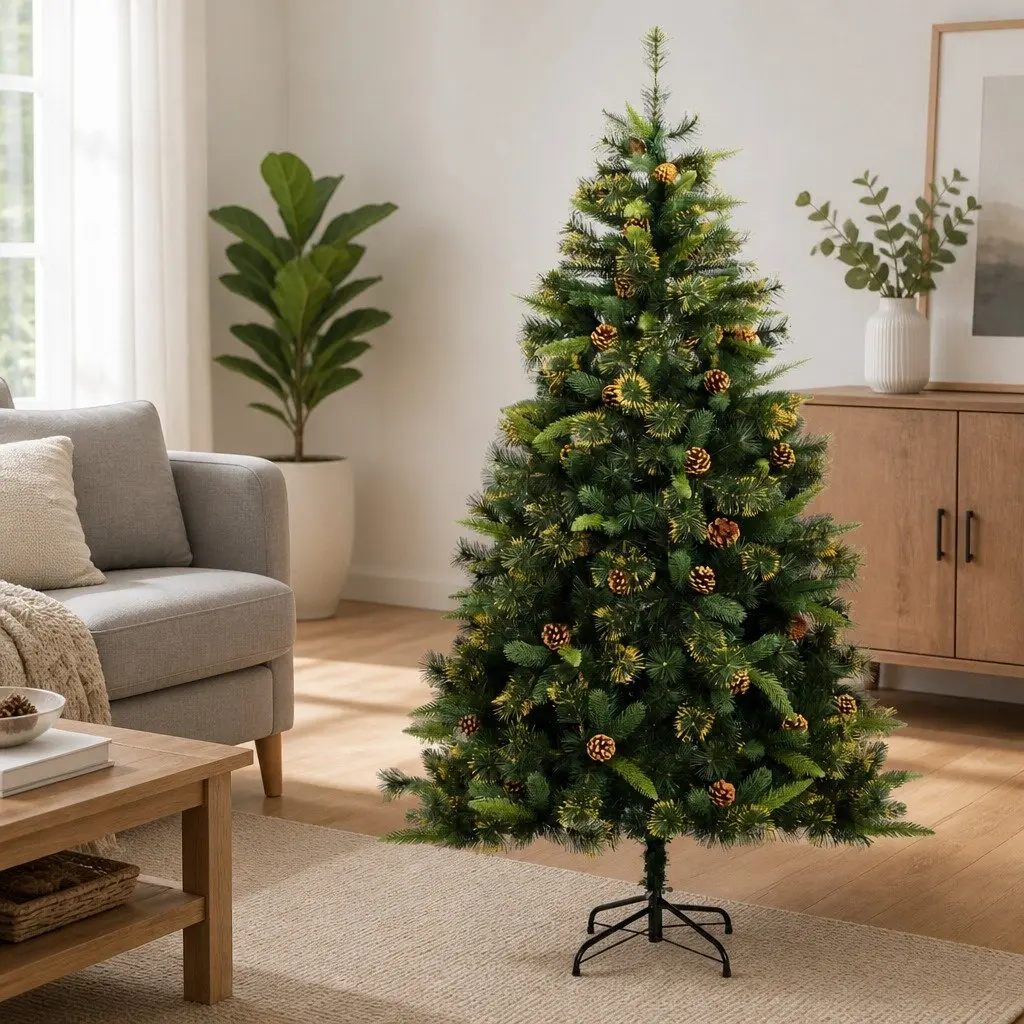 Artificial Christmas Tree Green 180cm Hinged Construction with PE Tips and Pine Cones