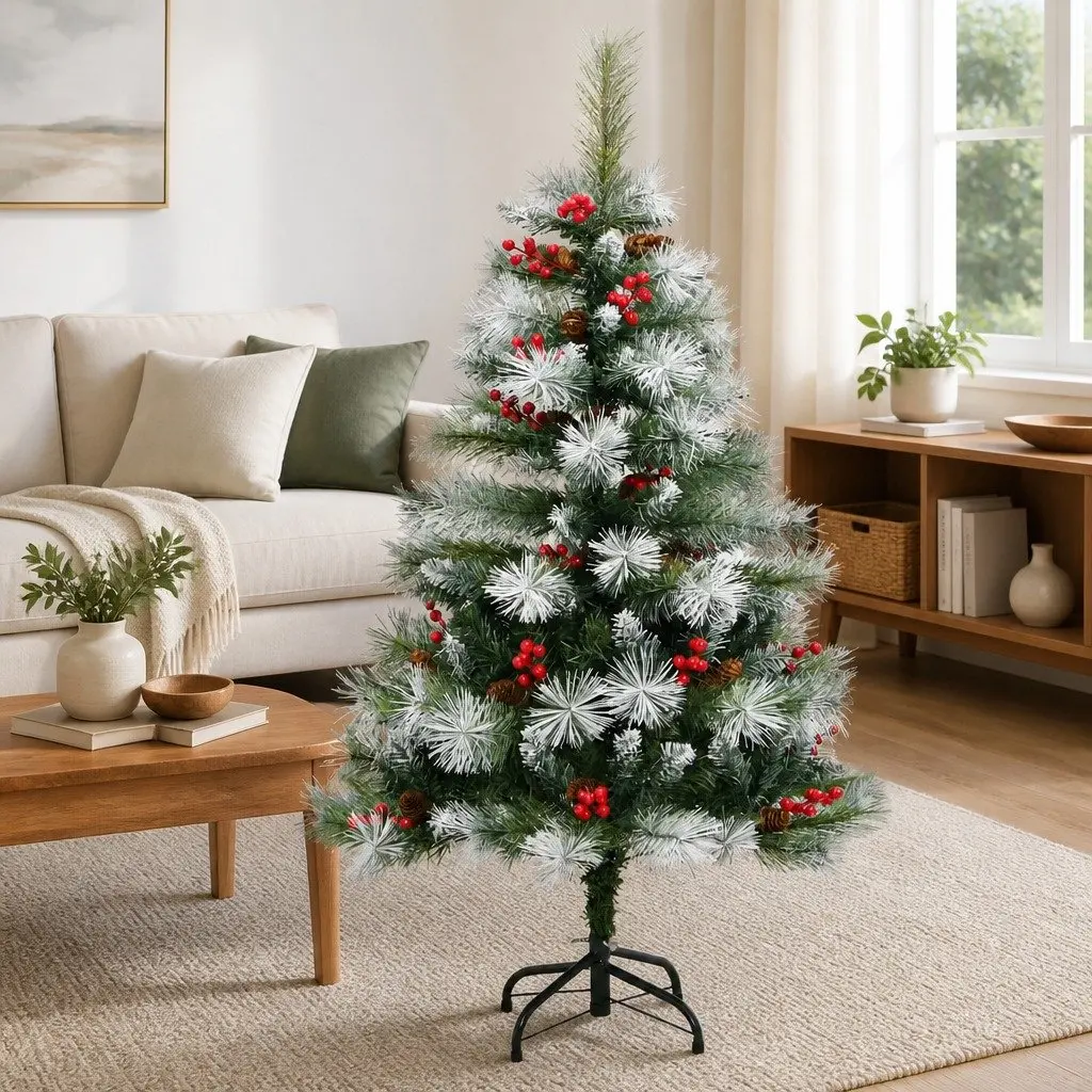 Artificial Hinged Christmas Tree 120cm White with Cones Berries Holiday