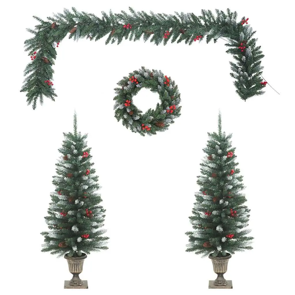 4 Piece Christmas Door Decoration Set Green LED Lights Wreath Garland Trees