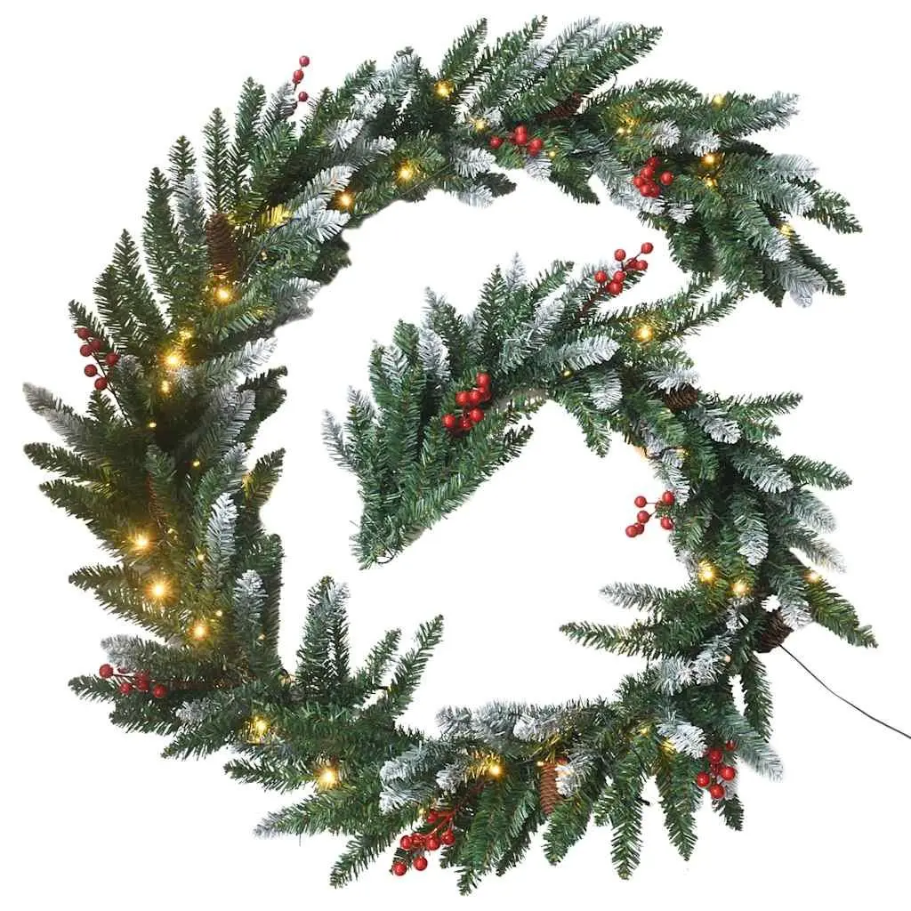 4 Piece Christmas Door Decoration Set Green LED Lights Wreath Garland Trees