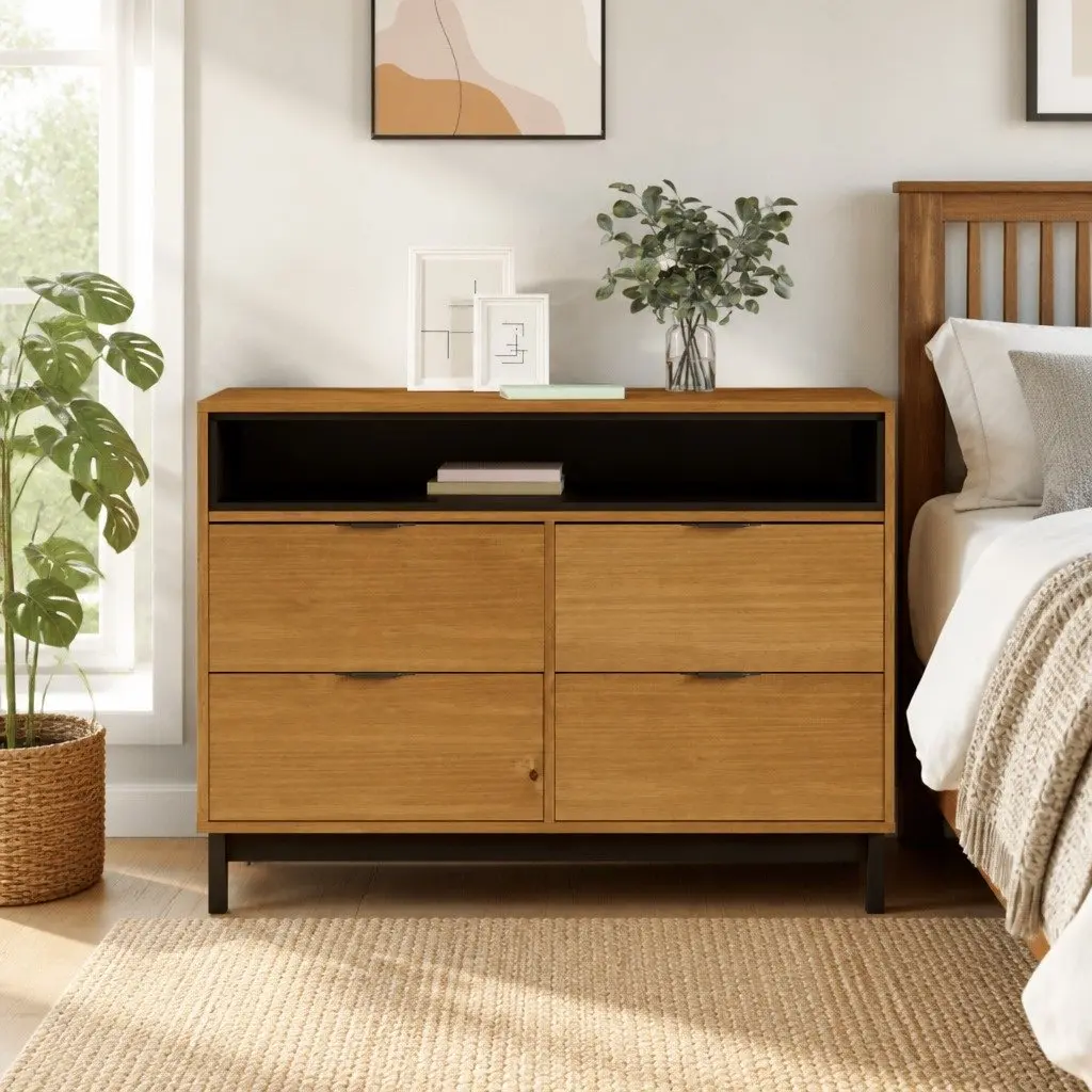 Drawer Cabinet Brown 110x40x80 cm Solid Pine Wood 4 Drawers and 1 Open Compartment Storage Organizer