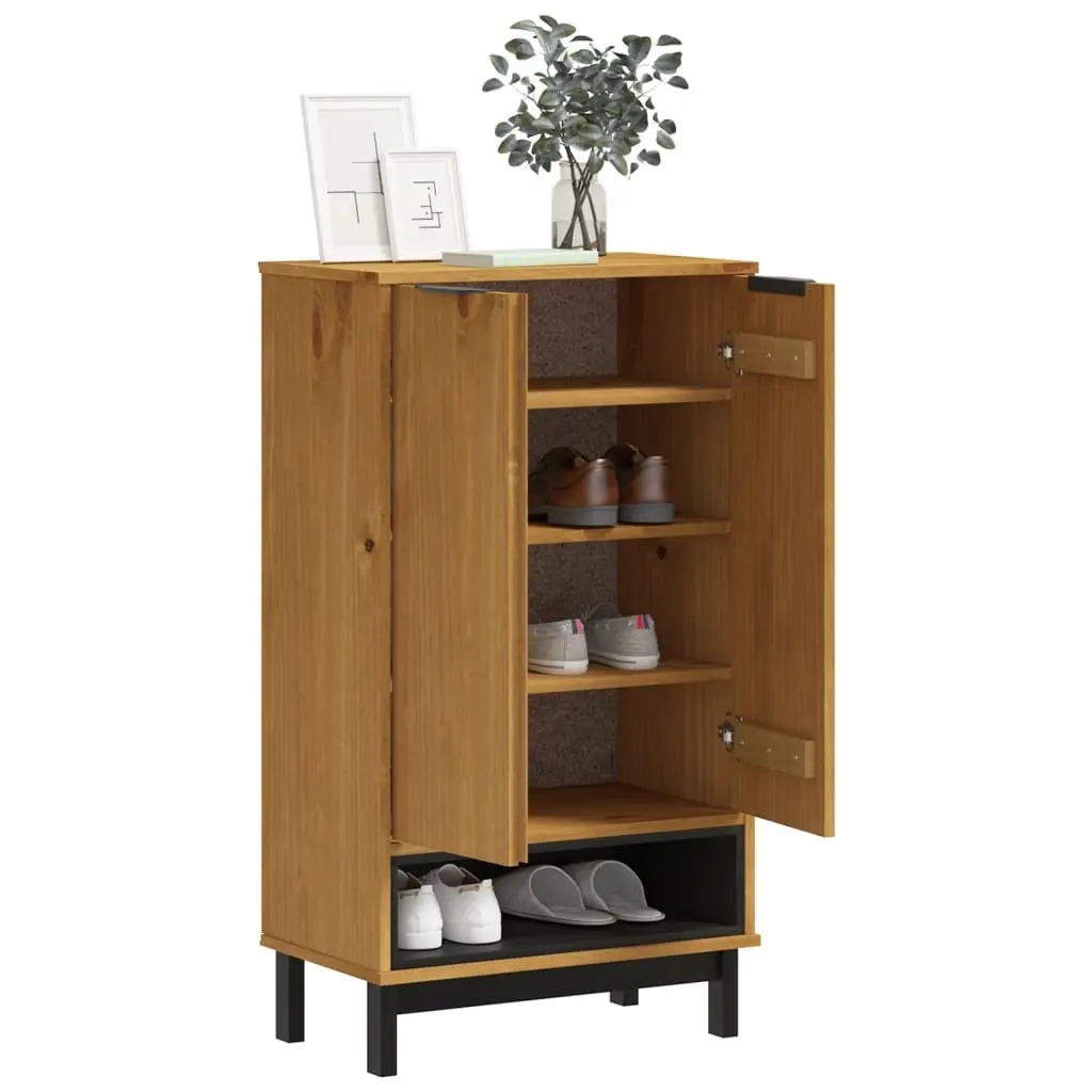 Shoe Cabinet Brown Solid Pine Wood 5 Shelves 2 Doors Storage Organiser