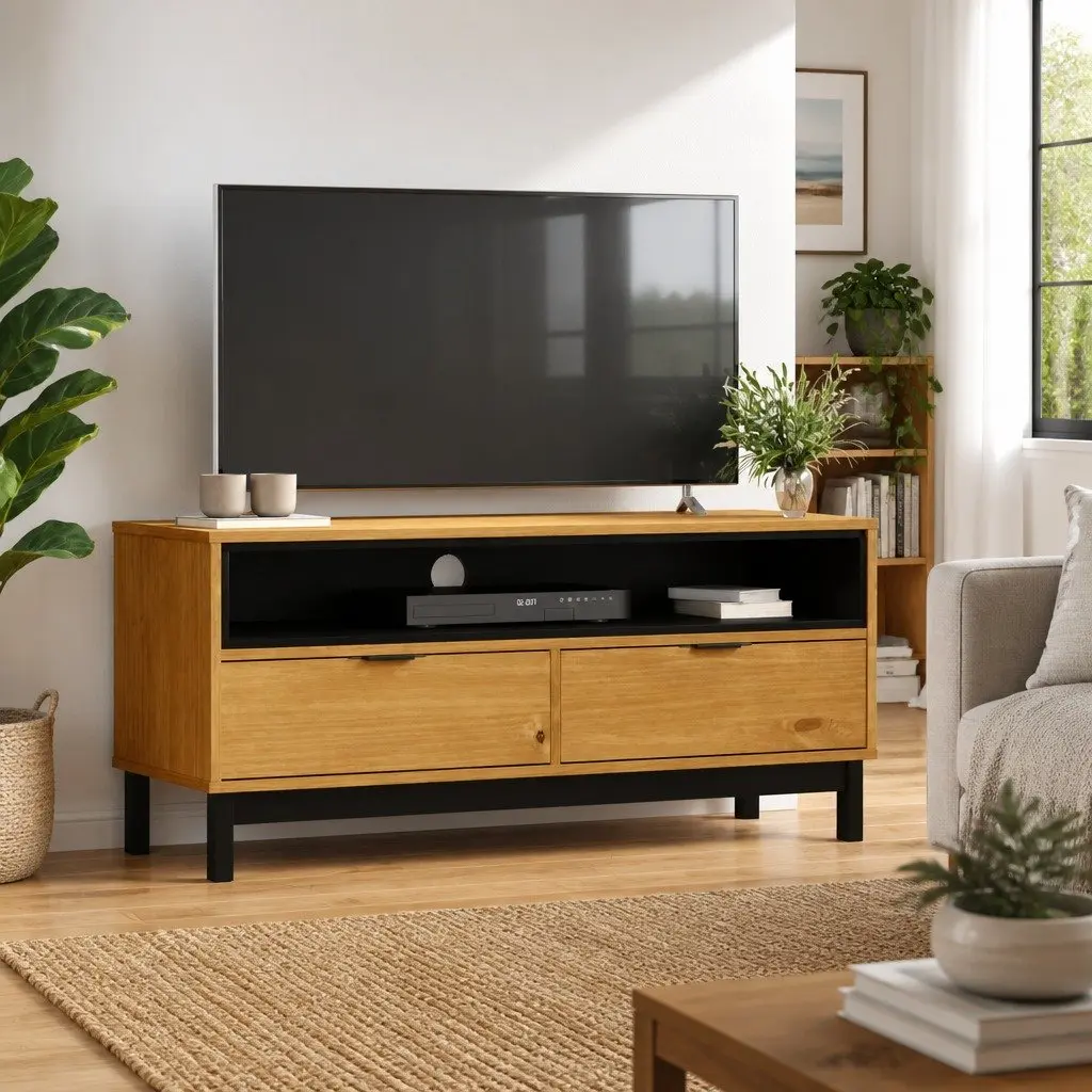 TV Cabinet Brown 110x40x50cm Solid Pine Wood Storage Unit with Cable Management Hole