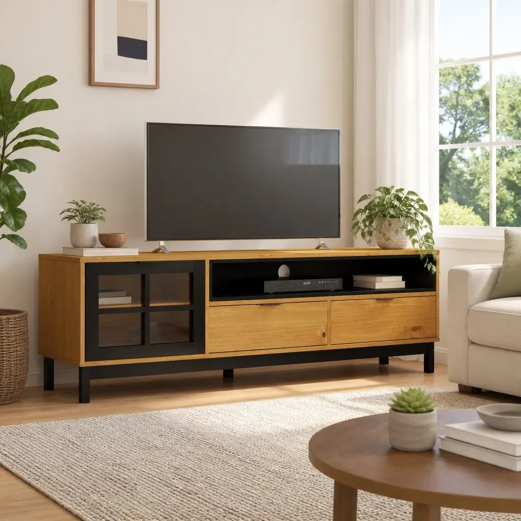TV Cabinet with Glass Door Brown Solid Pine Wood Media Unit Storage 158x40x50cm