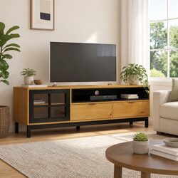 Compact Brown TV Cabinet – Solid Pine Wood with Glass Door